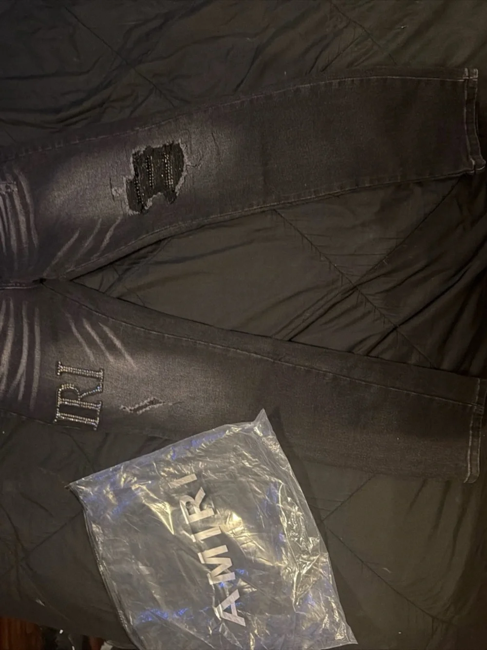 AMIRI Black Skinny Distressed Jeans with Embroidered Logo